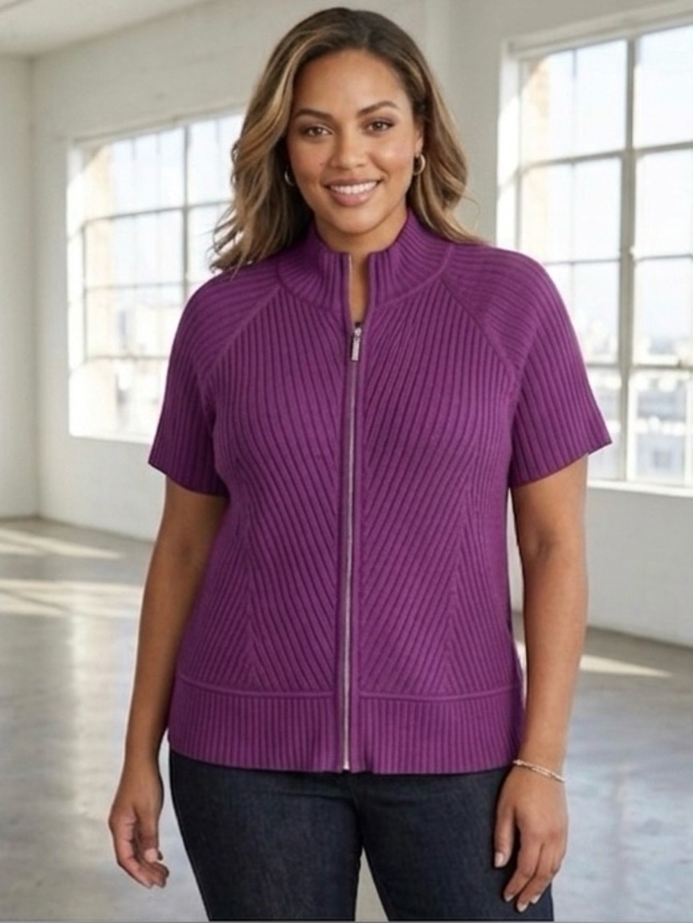 Yvos Purple Short Sleeve Knit Cardigan 14/16
